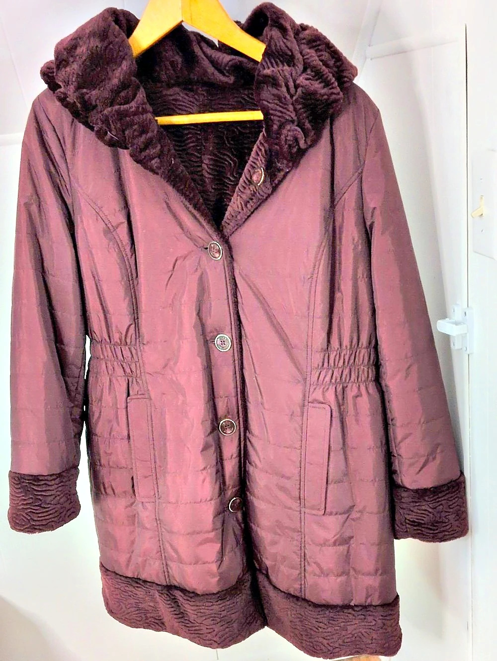 Dennis Basso Faux Fur Trim Hooded Coat XL Like New